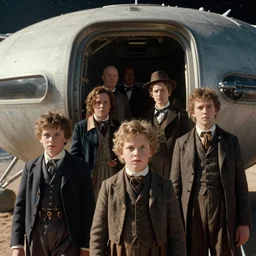 film still from a sci fi blockbuster movie made in 2022, set in 1860, of a family leaving a spaceship, that has just landed on an alien planet, wearing 1850s era clothes, good lighting, 4k, HD, in focus faces, detailed faces, oscar winner, high quality photography, 35mm macro lens