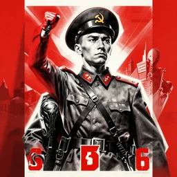 1 9 3 6 soviet propaganda poster soldier portrait depicting the victory against the aliens, high detail, artstation, angular, red black and white, by mikhail baljasnij