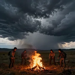Humans discovering fire in a storm