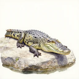 a crocodile sitting on a rock. realistic watercolor and pencil painting.
