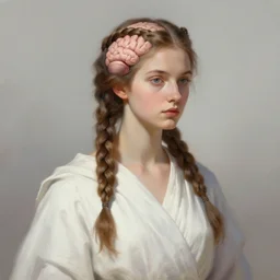 a young european woman with braids that looks like a brain, philosophy, white robes, digital art painting, trending on artstation, featured on deviantart