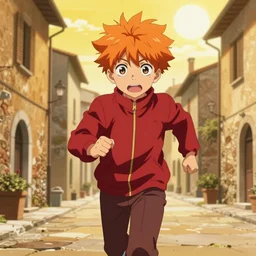 orange - haired anime boy, 1 7 - year - old anime boy with wild spiky hair, wearing red jacket, running through italian town, yellow sunshine, sepia sun, ultra - realistic, sharp details, subsurface scattering, intricate details, hd anime, 2 0 1 9 anime