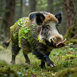 a stunning sticky glue wild boar charge in the forest, green toxic fluids, fly particles, dust, anatomy, moving blur, natural weight, hair fluid, 4 legs, running through a meadow by greg rutkowski, high key lighting, volumetric light, digital art, highly detailed, fine detail, intricate, ornate, complex, octane render, unreal engine, photorealistic