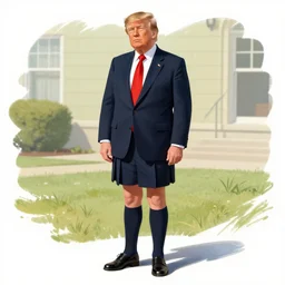 donald trump in school dress, school uniform, seifuku, pleated miniskirt, overknee socks,. by rembrandt 1 6 6 7, illustration