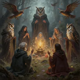 masterful fantastic realist painting of the enchanted summoning rituals of unusual moody birds wearing cloaks, exotic owl magick, weird perspective, digital painting trending on artstation, volumetric lighting and mist, hyperrealistic, octane render