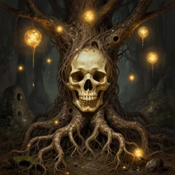 tree root dungeon glowing orbs in a skull optical illusion dripping oil hair coming out of holes, deep focus, intricate, highly detailed, digital painting, artstation, concept art, matte, sharp focus, illustration, art by artgerm and greg rutkowski