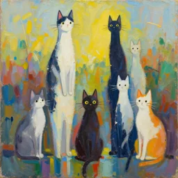 contemporary semi abstract acrylic painting of really tall sitting cats by makoto shinkai, by lisa frank, by greg rutkowski, thick brush strokes and visible paint layers, multicolor color scheme
