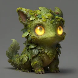 friendly creature covered in moss and leaves, big glowing eyes, chibi proportions, deep focus, d & d, fantasy, intricate, elegant, highly detailed, digital painting, artstation, concept art, matte, sharp focus, illustration, hearthstone, art by artgerm and greg rutkowski and alphonse mucha