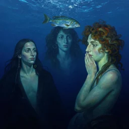 hyperrealist full body underwater dark ocean, blue lighting, floating fish by lucian freud and victo ngai and alphonse mucha very detailed faces