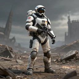 fullbody of an space soldier holding a blaster and standing on a dead world's ground, award winning, trending on artstation, unreal engine