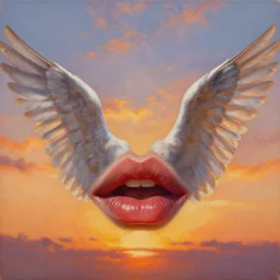 a pair of lips with wings, flapping its wings flying in sunset sky, oil on canvas, portrait, intricate, 8k highly professionally detailed, HDR, CGsociety