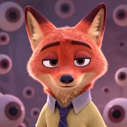 a film still from zootopia main character portrait anthro anthropomorphic fox head animal person fursona nick wilde pixar and disney animation, sharp, rendered in unreal engine 5, anime key art by greg rutkowski, bloom, dramatic lighting chaotic cursed multiple pupils texture disaster bad modeling beginner render