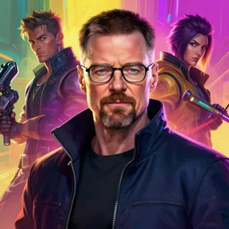 high quality illustration, walter white realistic portrait, cyberpunk, riot game, beautiful, epic composition, alexandre bourlet, arcane, lois van baarle, league of legend, digital painting, james jean, dynamic colors, greg rutkuwsky, artstation, concept art, neon