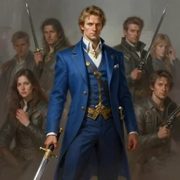 a swedish man in a blue suit with a jeweled sword and a pistol, highly detailed, d & d, fantasy digital painting, trending on artstation, concept art, sharp focus, illustration, global illumination, ray tracing, realistic shaded, art by artgerm and greg rutkowski and fuji choko and viktoria gavrilenko and hoang lap