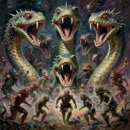 a crazy and extraterrestrial hyper - detailed high painting of giant heads joined by snakes, the heads are open they have spiked scales and sharp teeth, the mouth is open and monstrous beings of all kinds run and scream, psychedelic horror surreal art cosmic horror weird bizarre art, cry engine octane render