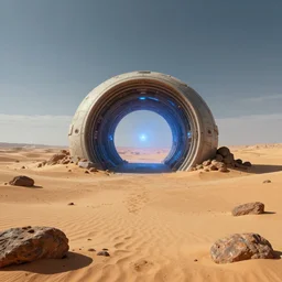 intergalactic stargate portal in the middle of a barren wasteland, with nothing but sand and rocks as far as the eye can see, digital fantasy art