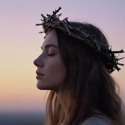 A woman's profile, long hair, closed eyes, wearing a twig crown by Lee Jeffries. masterpiece. hq. detailed. moody. gradient pastel color background. cinematic.