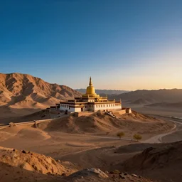 Buddhist monastery on Mars, nestled in a Martian mountain range, wide shot, cinematic, epic, volumetric, blue sky, sunset, detailed
