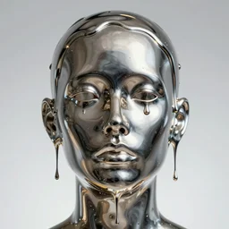 a face made of liquid metal, melting, dripping