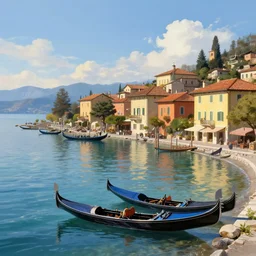italian town with gondola boats on shoreline of lake tahoe with low water level and a roman style bridge, digital painting, high quality, dreamlike, volumetric lighting, trending on artstation