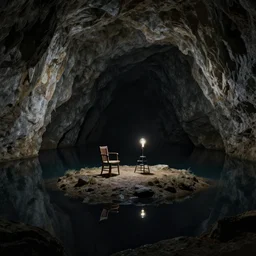 a huge cave, black cave lake small island in black water, chair stool armchair under a lightbulb on the island, surreal, highly detailed, artstation, smooth, sharp focus, by greg rutkowski, 8 k