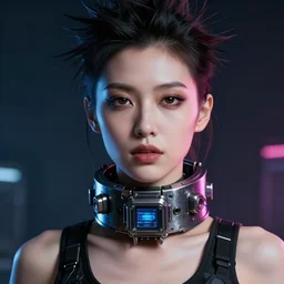 digital artwork of woman wearing technological large steel collar, choker on neck, cyberpunk art style, 4K, portrait, punk hairstyle,