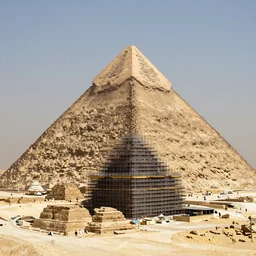 an aerial photograph of a pyramid at giza at the early stages of construction with heavy scaffolding clearly visible, the top of the pyramid has not been built and is not visible, dslr