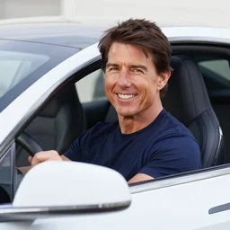photo realistic, tom cruise smiling driving his tesla, high quality