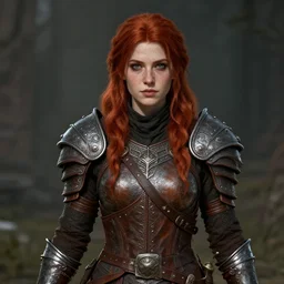 skyrim, lilu, young woman, red hair, freckles, leather fantys armor, trending on artstation