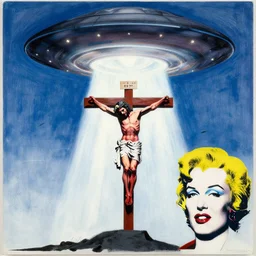 bloody christ crucified and huge ufo of light in the sky painted by cy twombly and andy warhol