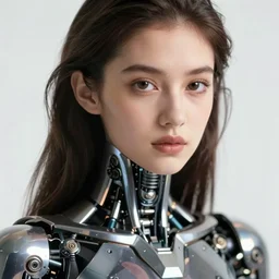 close - up portrait of beautiful young woman with cybernetic dress.