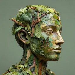 abstract, sculpture moltres made of various materials from rainforest of face of artificial intellicgence