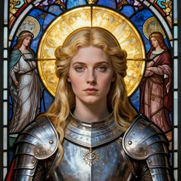 masterpiece head-on symmetrical centered portrait, Elisha Cuthbert as a saint paladin, medieval era, blonde hair, prismatic golden halo around head, wearing plate armour, elegant, distant, stained glass tarot style, in the style of Edgar Maxence and Ross Tran and Zdzisław Beksiński and Michael Whelan and Mucha and Gustave Doré, specular highlights, 8k, octane render