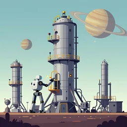 robots working in a gigantic methane refinery on titan, with saturn in the sky, ps 1 graphics