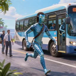 a Na\'vi from the movie avatar running after the bus late for work, ultra realistic, 4k, HDR, colorful