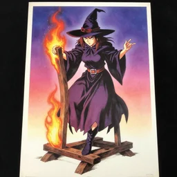 glossy old advertising poster of a witch burning at the stake, drawn comic by junji ito, pastels, gradient,