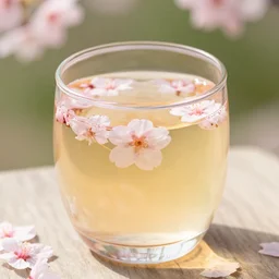 photo of sakura cherry blossom tea in a clear glass, outdoors, beautiful, high detail, recipe, cinematic