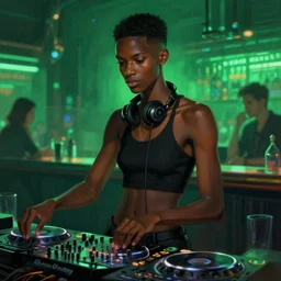 character concept portrait, slender black dj, cyberpunk bar background, digital painting, green neon, bokeh, detailed, highly detailed, smooth, sharp focus, illustration by ruan jia and mandy jurgens and william - adolphe bouguereau, artgerm
