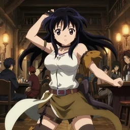 anime visual, portrait of a young female traveler in a busy fantasy medieval tavern interior, cute face by yoh yoshinari, seven deadly sins anime, studio lighting, dynamic pose, dynamic perspective, strong silhouette, anime cels, cel shaded, slayers, in focus, rounded eyes