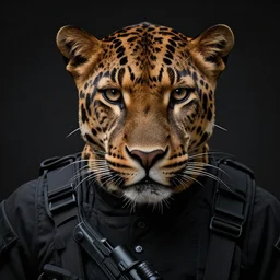 a panther as a soldier in dark military gear, close up, dark background, realistic