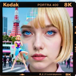 Kodak Portra 400,8K,highly detailed: beautiful three point perspective extreme closeup portrait photo in style of 2000sfrontiers in cosplay retrofuturism tokyo seinen manga street photography fashion edition, tilt shift zaha hadid style H.G Giger tokyo background, highly detailed, focus on model;vaporwave ;blonde hair;blue eyes;pointé pose, clear eyes, soft lighting