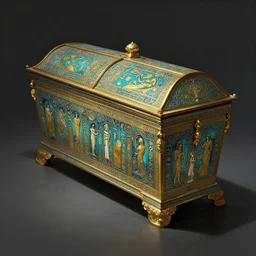 ornate sacred sarcophagus, art nouveau hieroglyphics, cyan and gold palette, symmetry, fantasy, intricate, elegant, highly detailed, colorful, dark colors, dramatic shadow, digital painting, artstation, concept art, art by artgerm and greg rutkowski and ruan jia,