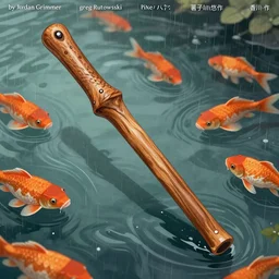 wooden staff floating over a lake filled with orange fish, rain, close up, details, sharp focus, elegant, highly detailed, illustration, by Jordan Grimmer and greg rutkowski and PiNe(パイネ) and 薯子Imoko and 香川悠作 and wlop and maya takamura, intricate, beautiful, Trending artstation, pixiv, digital Art