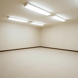 an empty room with offwhite stained carpet and wallpaper, fluorescent lights, liminal space, craigslist photo
