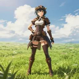 anime girl with a steam punk outfit posing, finely detailed, full body portrait, pretty, beautiful, cinematic lighting, grass, sky, clouds, sunny, lush,