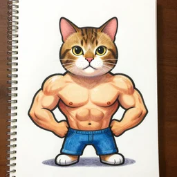 a colored caricature drawing of a cat that is a bodybuilder