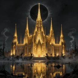 the golden spires of the carcosa palace are illuminated by huge black sun, and the lake is reflecting yhtill's remnants curled gunsmoke. gothic, 8 k, bloodborne cg, hyperdetailed