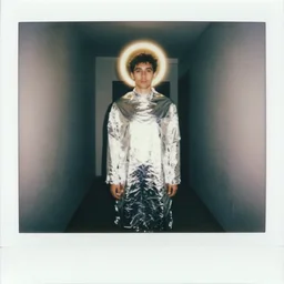 polaroid, standing man wrapped in aluminum foil, illuminated halo, dimly lit hallway