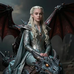 portrait of young emilia clarke as daenerys targaryen sitting on her large dragon, artgerm, greg rutkowski, alphonse mucha, francine van hove