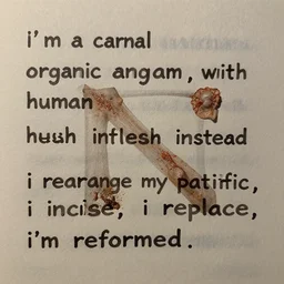 i'm a carnal organic anagram, with human flesh instead of written letters, i rearrange my pathetic tissue, i incise, i replace, i'm reformed